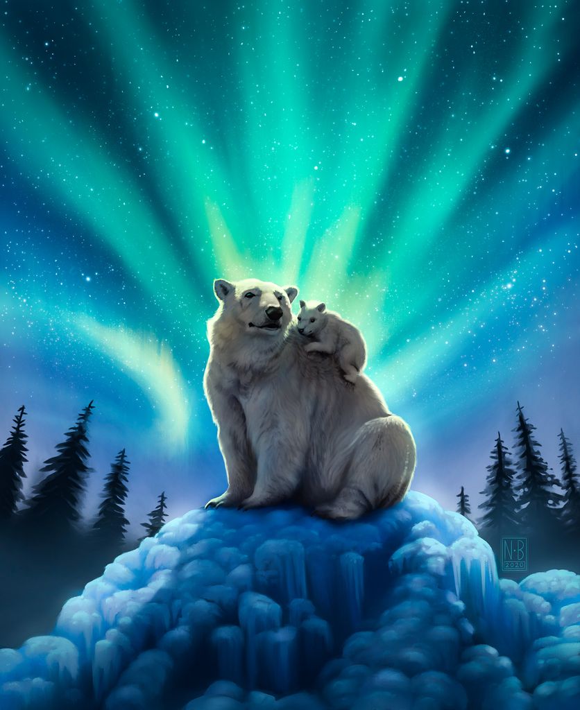 Белый медведь и Северное сияние